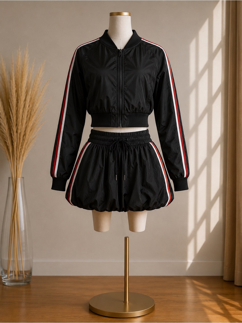 Black Two-Piece Cropped Track Jacket & Bubble Skirt with Red-White Stripes